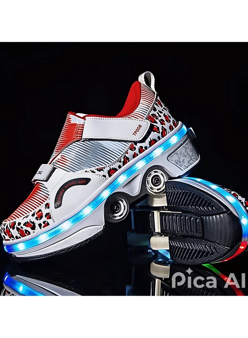 دراكسون حذاء عجلات تزلج مزدوجة الصف ملونة بضوء وامض للجنسين البالغين والأطفال 2 في 1 أحذية تزلج قابلة للإزالة والسحب بكرة دوارة حذاء رياضي مع دلاغات رياضية - Image 1